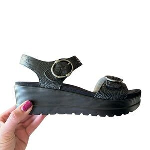 Alegria MOR-520 Embossed Black Leather Platform Sandals Comfort Wedge 37 (6.5–7)